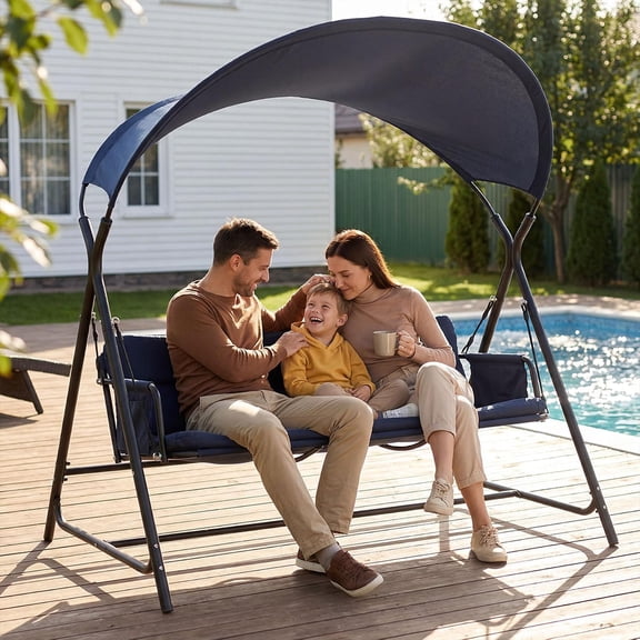 LQLI Outdoor Porch Swing with Canopy and Stand for Backyard,3 Seat Patio Swings with Side Storage Pocket for Adults, Heavy-Duty, Water Repellent, Garden,Deck and Poolside