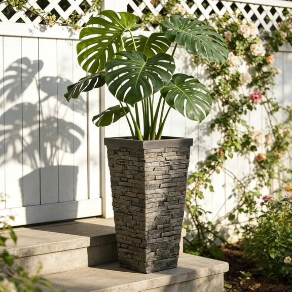 LQLI Tall Planter 30.2 Inch, Outdoor Indoor Square Planter, MGO Stone-Effect Brick Texture, Weather-Resistant Planter with Drainage Hole for Trees, Shrubs, Large Plants, Grey