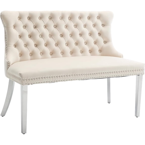LQLI Velvet Dining Bench with Back, Tufted Banquette Seating, Silver Legs | Upholstered loveseat bench; tufted back; nailhead trim; 500 lb capacity; foam and spring seat; dining room or entryway