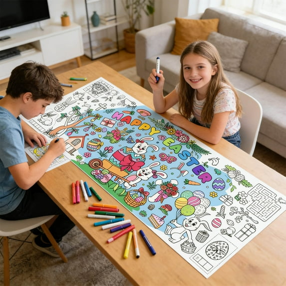 LQPWZU 1 Pcs Easter Coloring Tablecloth Giant Bunny Egg Drawing Poster Table Cover Coloring Page Gifts Bulk for Art Craft Activity Party Supplies Decorations