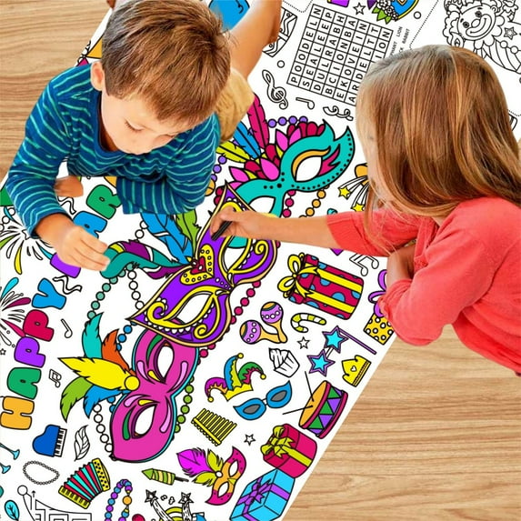LQPWZU 1 Pcs Mardi Gras Coloring Tablecloth 30 x 72 Inch Giant Mask Feather Drawing Poster Table Cover Clover Coloring Page Gifts Bulk for Art Craft Activity Party Supplies Decorations
