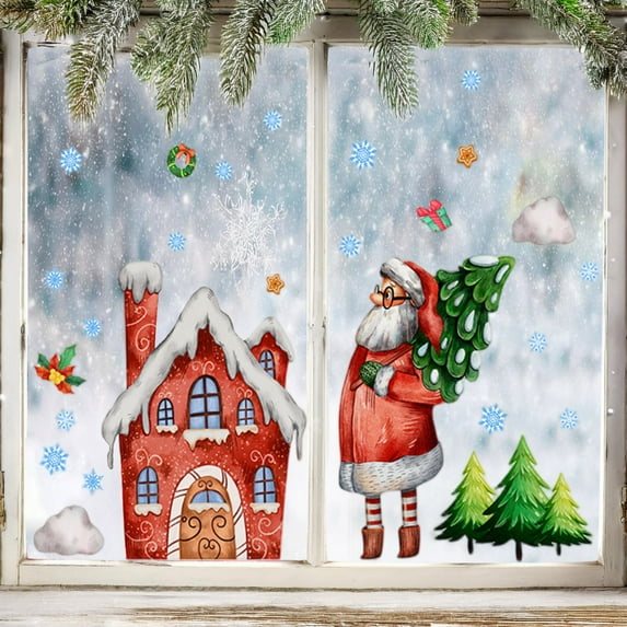 LQPWZU Christmas Themed Window Sticker, Claus Small House, Tree Creative Double-sided Visible Electrostatic Sticker