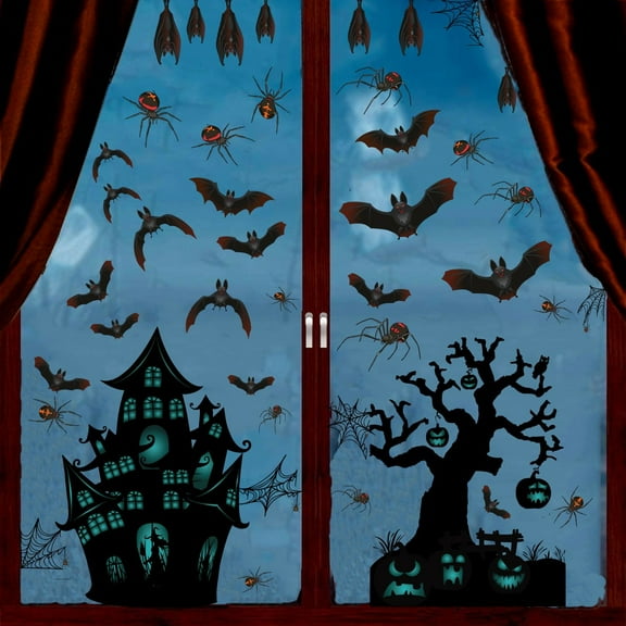 LQPWZU Halloween Decorations - 6 Sheet 100 Pcs Halloween Window Clings for Glass Windows Walls Halloween Party Decorations Castle Bats Spiders Window Decals Stickers Shop Display Home Room Décor
