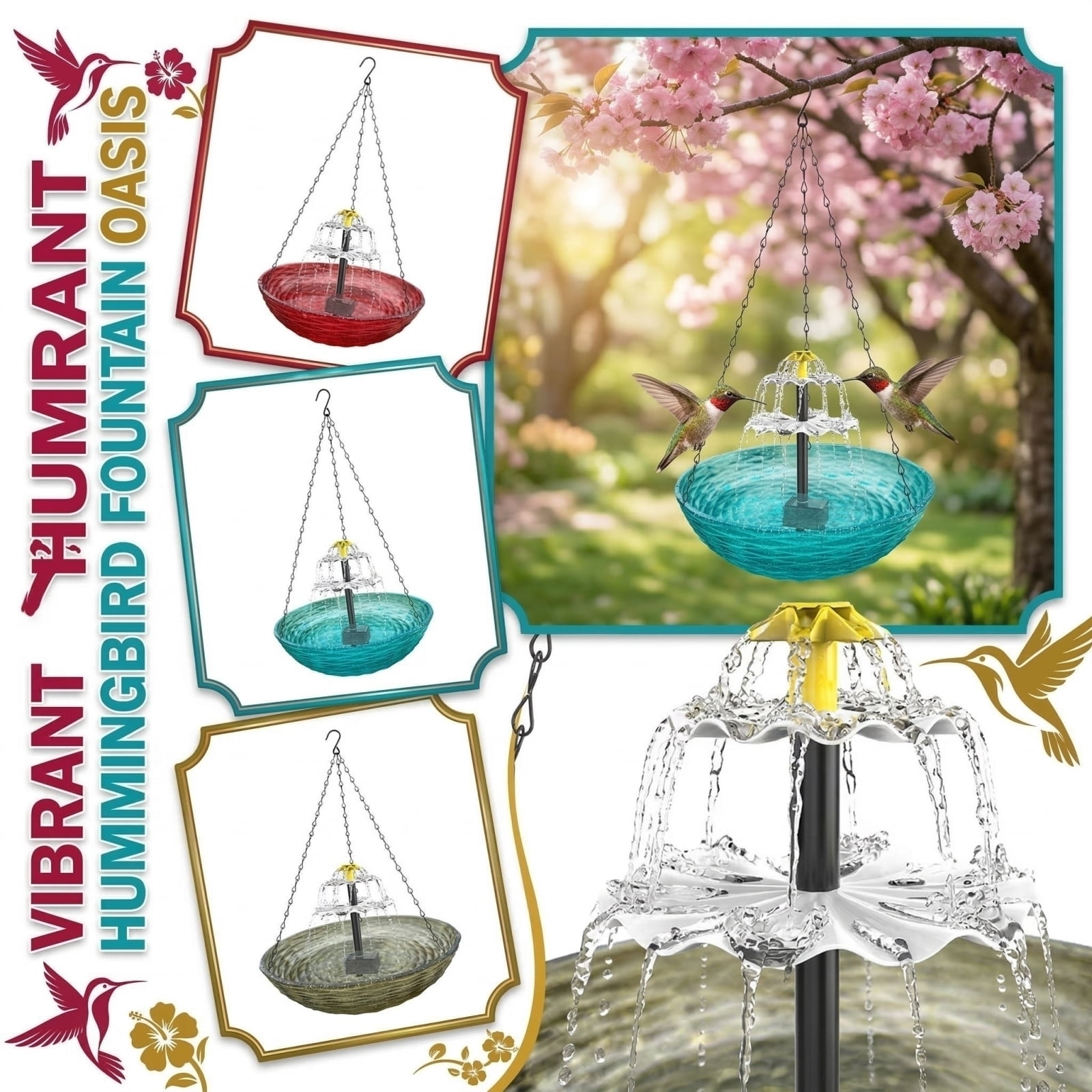 LQPWZU Hanging Solar Bird Bath Fountain, Solar Powered Cascading Outdoor Water Fountain, Hanging Bird Bath with Flowing Water, Decorative Garden Yard Patio Bird Bath Fountain