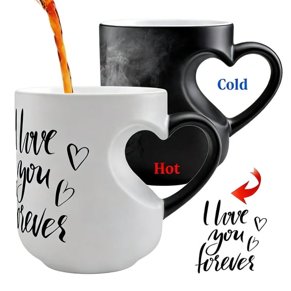 LQPWZU Heart Shaped Color Changing Magic Ceramic Mug, Temperature Activated Reveals Red Hearts with Hot Drinks, Heart Handle Design for Coffee Tea, Gift for Birthday Anniversary(1PC)