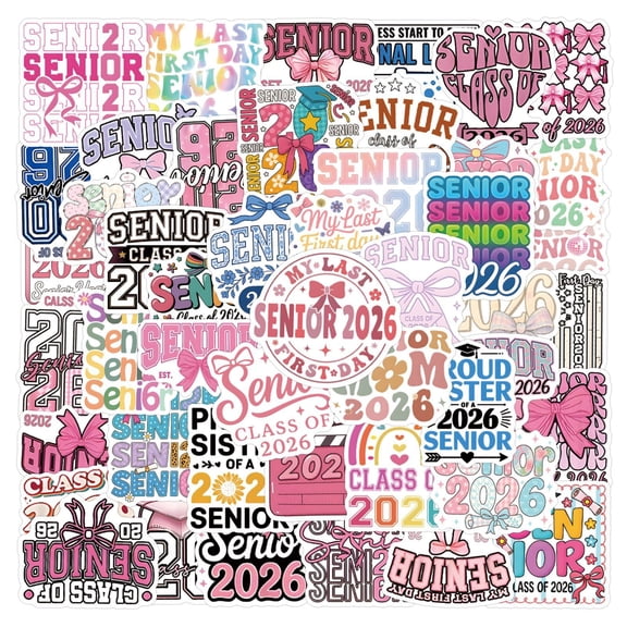 LQPWZU Senior 2026 Sticker Pack, Class of 2026 Sticker, Bow Senior, Graduation 2026 Gift, Decoration for Laptop, Water Bottles, Bicycle, Scrapbook, Vehicle Vinyl Decal(50 Pcs）