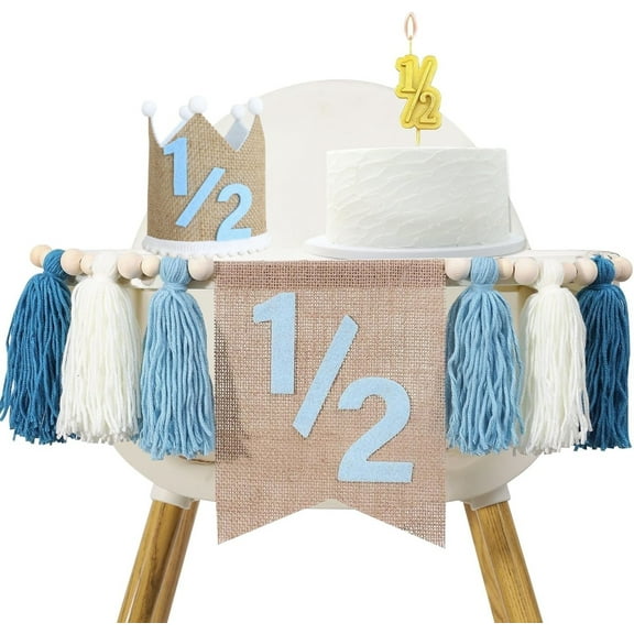 LQQBOX 1/2 Birthday High Chair Banner, Half Birthday Crown Hat, Decorations for 6 Months Baby Party, Blue Photo Props
