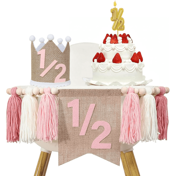 LQQBOX 1 Pack 1/2 Birthday Girl Half Birthday Decorations High Chair Banner, 6 Month Girl Tassel Wood Bead Highchair Garland (Pink)