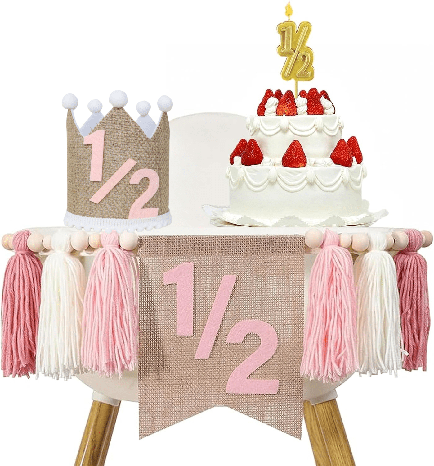LQQBOX 1 Pack 1/2 Birthday Girl Half Birthday Decorations High Chair Banner, 6 Month Girl Tassel Wood Bead Highchair Garland (Pink)