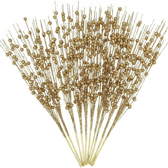 LQQBOX 10 Roots Golden Artificial Glitter Berry Stem Ornaments 15.7 Inches Fake Christmas Picks Decorative Glitter Sticks for Vase Christmas Tree DIY Wreath Crafts Fireplace Decor