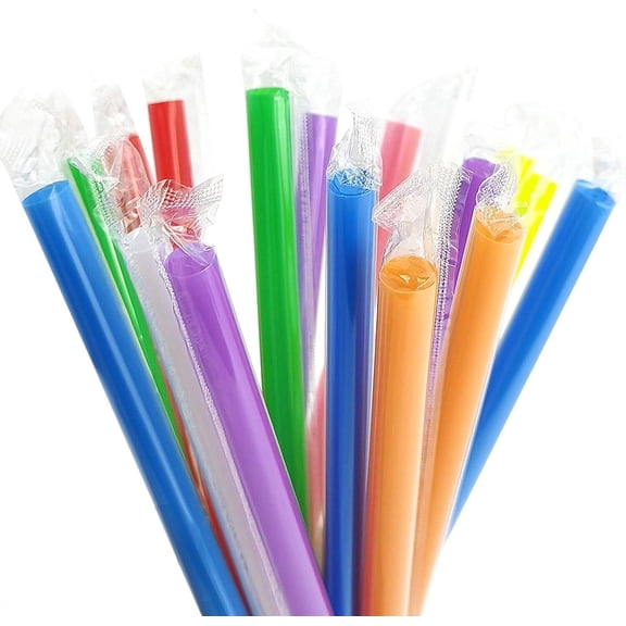 LQQBOX 100 PCS Individually Packaged Colorful Jumbo Smoothie Straws, Large Wide Milkshake Disposable Plastic Drinking Straw, 0.4" Diameter and 9.4" long, Random color