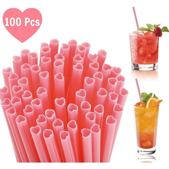 LQQBOX 100 Pcs Heart Shaped Pink Straws Disposable Drinking Cute Straw Pink Plastic Straw Galentines Day, Cocktail, Birthday Party, Bridal Shower, Wedding Decorations