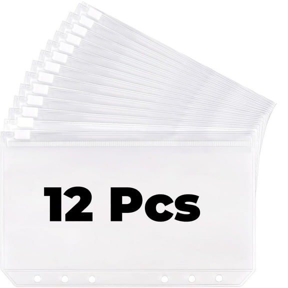 LQQBOX 12 PCS A6 Binder Pockets 6 Holes Cash Envelopes for Budgeting, Clear Zipper Pouch Folders A6 Planner Inserts, Waterproof PVC Loose Leaf Filing Bags Plastic Money Coupon Sticky Notes Organizer
