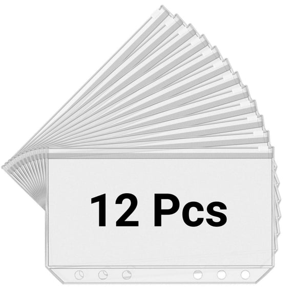 LQQBOX 12 PCS A6 Binder Pockets 6 Holes Cash Envelopes for Budgeting, Clear Zipper Pouch Folders A6 Planner Inserts, Waterproof PVC Loose Leaf Filing Bags Plastic Money Coupon Sticky Notes Organizer