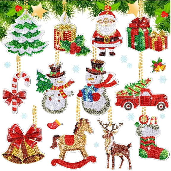 LQQBOX 12 PCS Christmas Gem Diamond Art Painting Key Chains Kit,5D DIY Diamond Mosaic Painting by Numbers Kit,Full Drill Pendant Creative Arts and Crafts Set and Handmade Gift