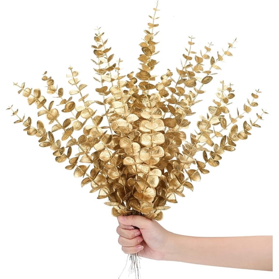 LQQBOX 12 Pcs Gold Eucalyptus Stems Artificial Eucalyptus Leaves Decor Eucalyptus Branches Fake Eucalyptus with Fake Leaves 16 inch Faux Eucalyptus Stem for Vase Wedding Bouquet Home