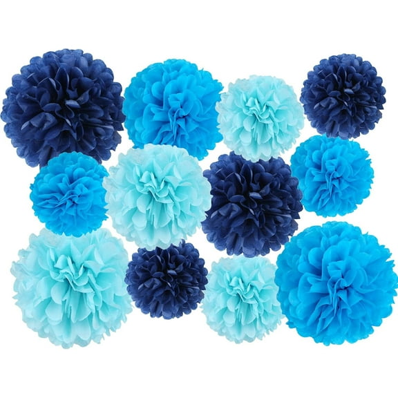 LQQBOX 12 Pcs Tissue Pom Poms Kit, Tissue Paper Flowers for Birthday, Boy Baby Shower, Nursery, Graduation, Bachelorette Party Decoration (Blue Mix)