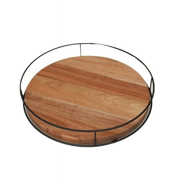 LQQBOX 12" Wood Lazy Susan Turntable, Kitchen Organizer Turntable with Steel Sides, 360 Degree Turntable for Countertop Cabinet or Dining Table