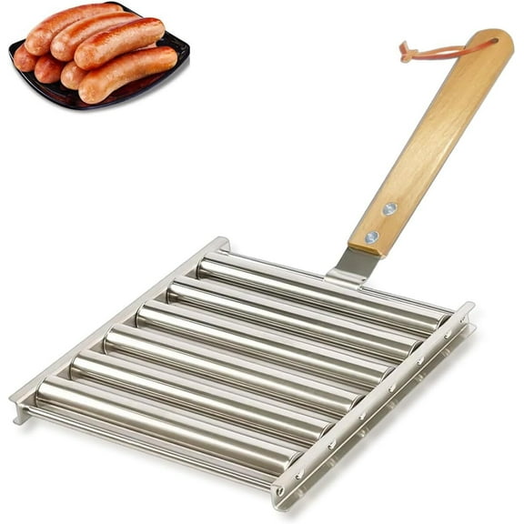LQQBOX 14 Inch Long Hot Dog Roller BBQ Hot Dog Evenly Cook Sausage Roller Rack Stainless Steel Corn Grill with Detachable Wooden Handle for Outdoor Cooking and Barbecue
