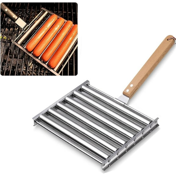 LQQBOX 14 Inch Long Hot Dog Roller for bbq Grill, Evenly Cook Sausage Roller Rack Stainless Steel Corn grill with Detachable Wooden Handle for Outdoor Cooking and Barbecue for Beef Franks Wieners