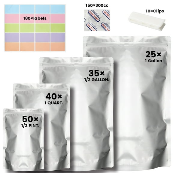 LQQBOX 150pcs Mylar Bags for Food Storage with 150 Oxygen Absorbers & Labels, 4 Sizes (1 Gallon, 1/2 Gallon, 1 Quart, 1/2 Pint) - Stand-Up, Resealable & Heat Sealable for Long Term Food Storage
