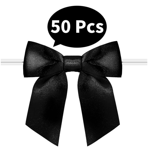 LQQBOX 2.76" Black Satin Ribbon Twist Tie Bows for Tying Up Packages Gift Wrapping,50 Pcs