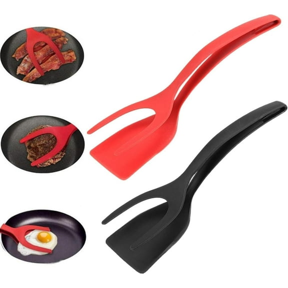 LQQBOX 2 Pcs Egg Flipper Spatula, 2 in 1 Grip and Flip Spatula Tongs Egg Flipper Tong, Egg Flipper, Silicone Spatula Tong Grill Clamp for Kitchen Cooking Baking( Black and Red)
