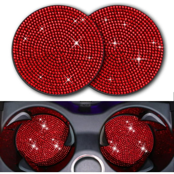 LQQBOX 2 Pcs Red Car Cup Holder Coaster, 2.76 inch Anti-Slip Shockproof Universal Fashion Car Coasters Insert Bling Crystal Rhinestone Automotive Interior Accessories for Women
