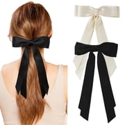 LQQBOX 2 Pcs Silky Satin Hair Ribbon Bow Ponytail Holder Hair Clips - Beige Black Hair Bows with Long Tail for Girls Birthday Gift - Hair Bow Barrettes Clips for Women Teens