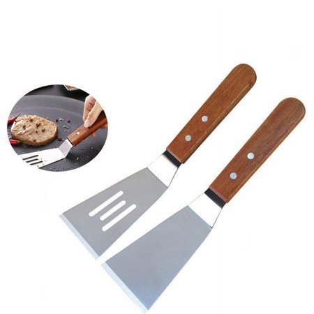 LQQBOX 2 Pcs Small Spatula Stainless Steel Spatula with Wooden Handle Cast Iron Skillets 9.25 Inch Mini Serving Spatula for Kitchen Use Metal Spatula for Brownies, Tiramisu, Cakes, Cookie