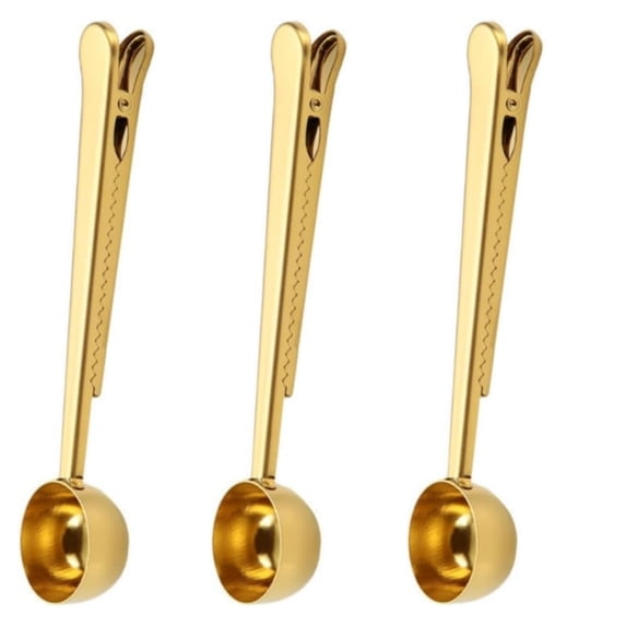 LQQBOX 2-in-1 Stainless Steel 1 Tablespoon Coffee Scoop Clip Set of 3(Gold)