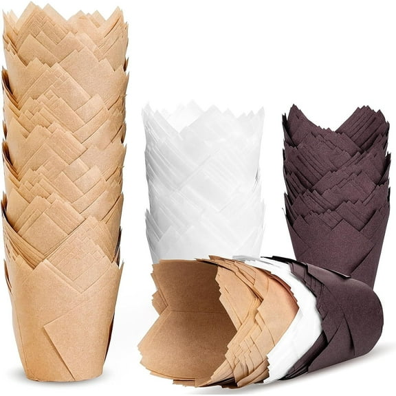 LQQBOX 200 Pieces Mini Baking Cups Tulip Baking Cups Cupcake Liners Muffin Liners for Wedding, Birthday, Christmas, Baby Shower Parties (Brown, Natural, White)