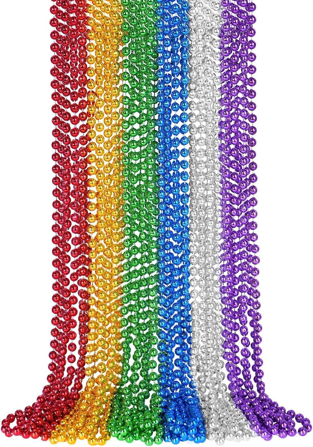 LQQBOX 24 Pcs Mardi Gras Beads Necklaces, Party Favors - Metallic Colors in Gold, Green, Purple, Blue, Silver, Red