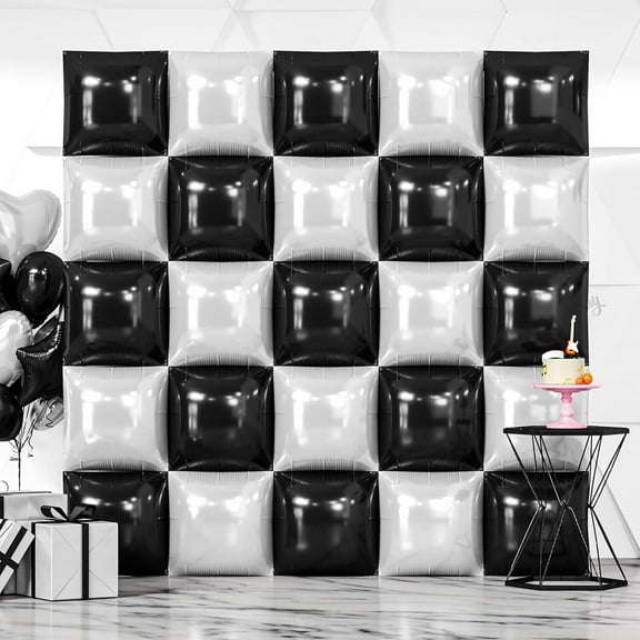 LQQBOX 25PCS Black White Square Foil Balloons Wall Backdrop Double Sided Balloons Kit for Birthday Wedding Anniversary Bridal Baby Shower Graduation Party Decorations