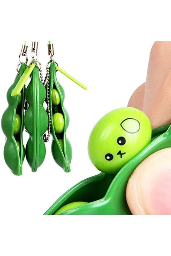 3 Pcs Fidget Toy Set, Squeeze-a-Bean Soybean Stress Relieving Playful Charms Extrusion Edamame Pea Keychain for Mobile Phones and Keys - Green