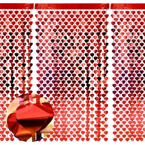 LQQBOX 3 Pack 3.3ft x 6.6ft Metallic Foil Fringe Curtain, Red Heart Shape Tinsel Curtains Streamers Photo Props Backdrop for Engagement Wedding Party Decorations
