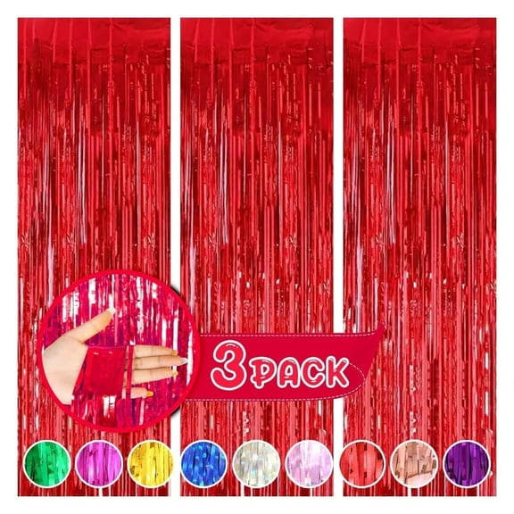 LQQBOX 3 Pack Red Metallic Tinsel Foil Fringe Curtains, Photo Booth Backdrop Streamer Curtain Photo Booth Props for Bachelorette Party, Birthday, Graduation, Christmas Decor (3.28 x 6.56 FT)