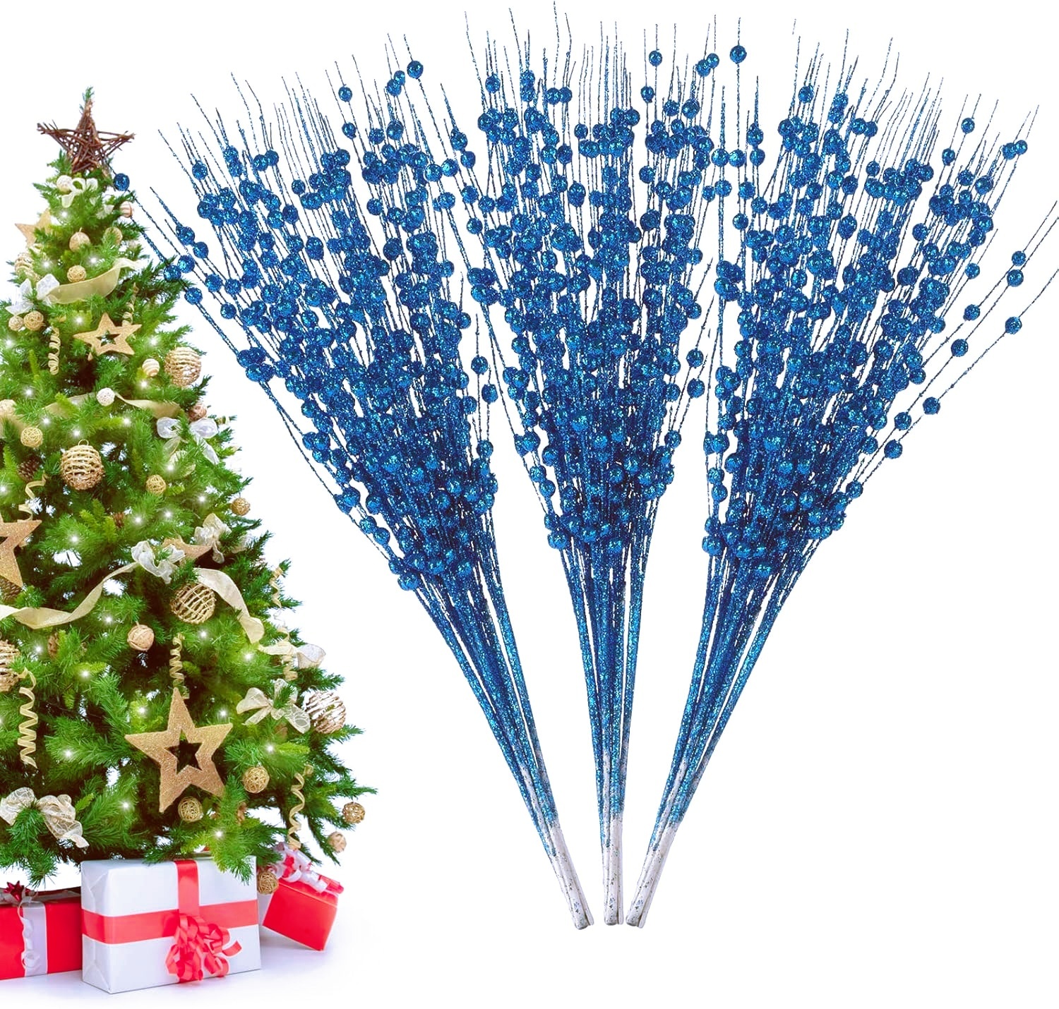 LQQBOX 30 Lake Blue Artificial Glitter Berry Stems 19.7" Fake Christmas Picks Decorative Glitter Sticks for Christmas Tree DIY Wreath Crafts Fireplace Decor