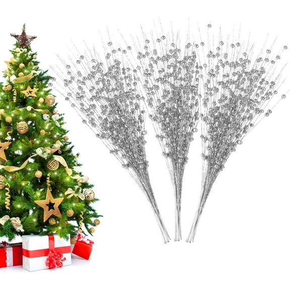 LQQBOX 30 Pack Silver Artificial Glitter Berry Stem Ornaments 15.75 Inches Fake Christmas Picks Decorative Glitter Sticks for Vase Christmas Tree DIY Wreath Crafts Fireplace Decor