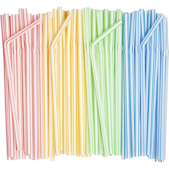 LQQBOX 300 PCS Disposable Plastic Drinking Straws, Striped Flexible Long Drinking Straws, 8.2 in Bendable Colorful PP Plastic Straws for Home Use Milk Juice Drinks, Multicolor