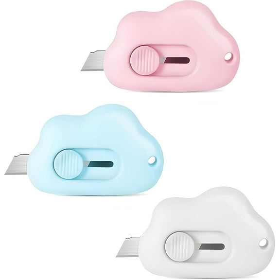 LQQBOX 3PCS Mini Cloud Shaped Utility Knife, Portable Retractable Box Cutter Letter Opener with Key Chain Hole, Safety Package Box Opener (Pink White Blue)