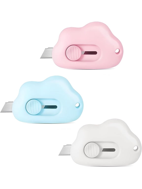 3PCS Mini Cloud Shaped Utility Knife, Portable Retractable Box Cutter Letter Opener with Key Chain Hole, Safety Package Box Opener (Pink White Blue)
