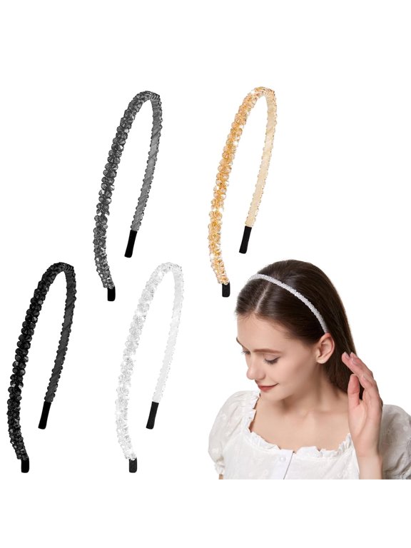 LQQBOX 4 Pcs Crystal Rhinestone Headbands for Women Girls Double Rows Sparkly Beaded Hair Hoops Clear Black Weave Narrow Hair Bands Hair Accessories