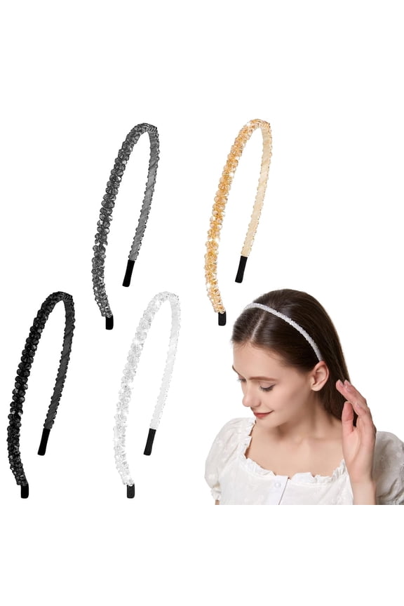 LQQBOX 4 Pcs Crystal Rhinestone Headbands for Women Girls Double Rows Sparkly Beaded Hair Hoops Clear Black Weave Narrow Hair Bands Hair Accessories