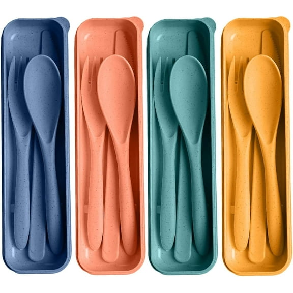 LQQBOX 4 Sets Portable Plastic Spoons Fork Knife Camping Utensils for Lunch Box Accessories for Kids Adults Travel Picnic Camping Use, Reusable Utensil Set with Case