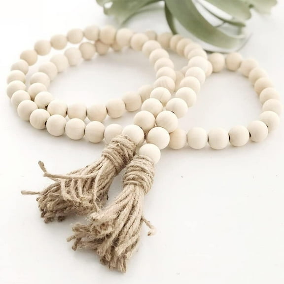 LQQBOX 58 Inches Wood Bead Garland with Tassel,Farmhouse Rustic Prayer Boho Wooden Beads for Tiered Tray Coffee Table Mantel Decor (1 Pack)