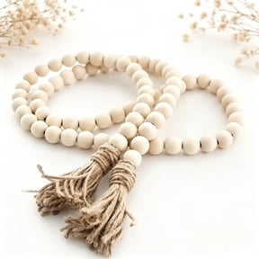 LQQBOX 58 Inches Wood Bead Garland with Tassel,Farmhouse Rustic Prayer Boho Wooden Beads for Tiered Tray Coffee Table Mantel Decor (1 Pack)