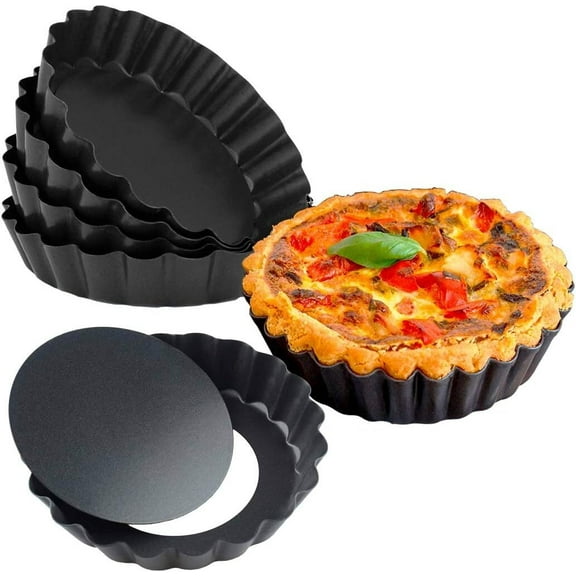 LQQBOX 6 Pcs Mini Tart Pans 4 Inch with Removable Bottom Round Non-stick Deep Quiche Pan, Heavy Duty Fluted Side for Pies, Egg Tart Molds for Baking, Mousse Cakes, Fruit and Desserts