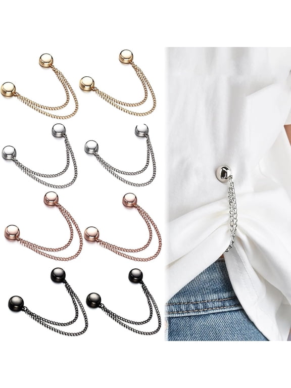 8 Pcs Magnetic Clothing Clips for Women and Men Instant Garment Tailoring Solution Secure Shirt Hem Adjuster, Sleeve Cinch Clip for T-Shirts/Blouses/Dresses, Scarf Holder with Chain