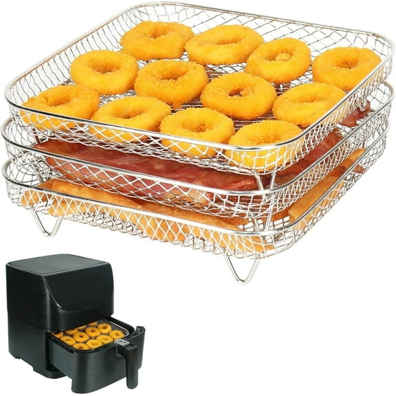 LQQBOX 8 inch Square Air Fryer Rack, Set of 3, Stackable Multi-Layer Stainless Steel Dehydrator Rack, Square Air Fryer Accessories